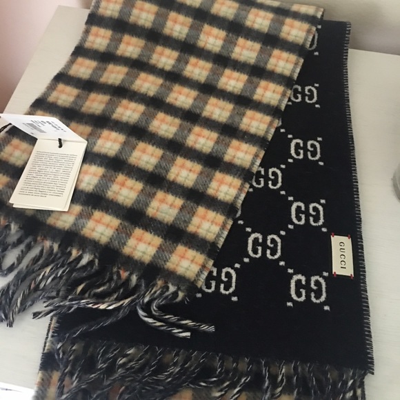 NWT Gucci 597527 4G200 Plaid Gg Pattern Wool 100 Reversible Muffler. - Picture 4 of 9